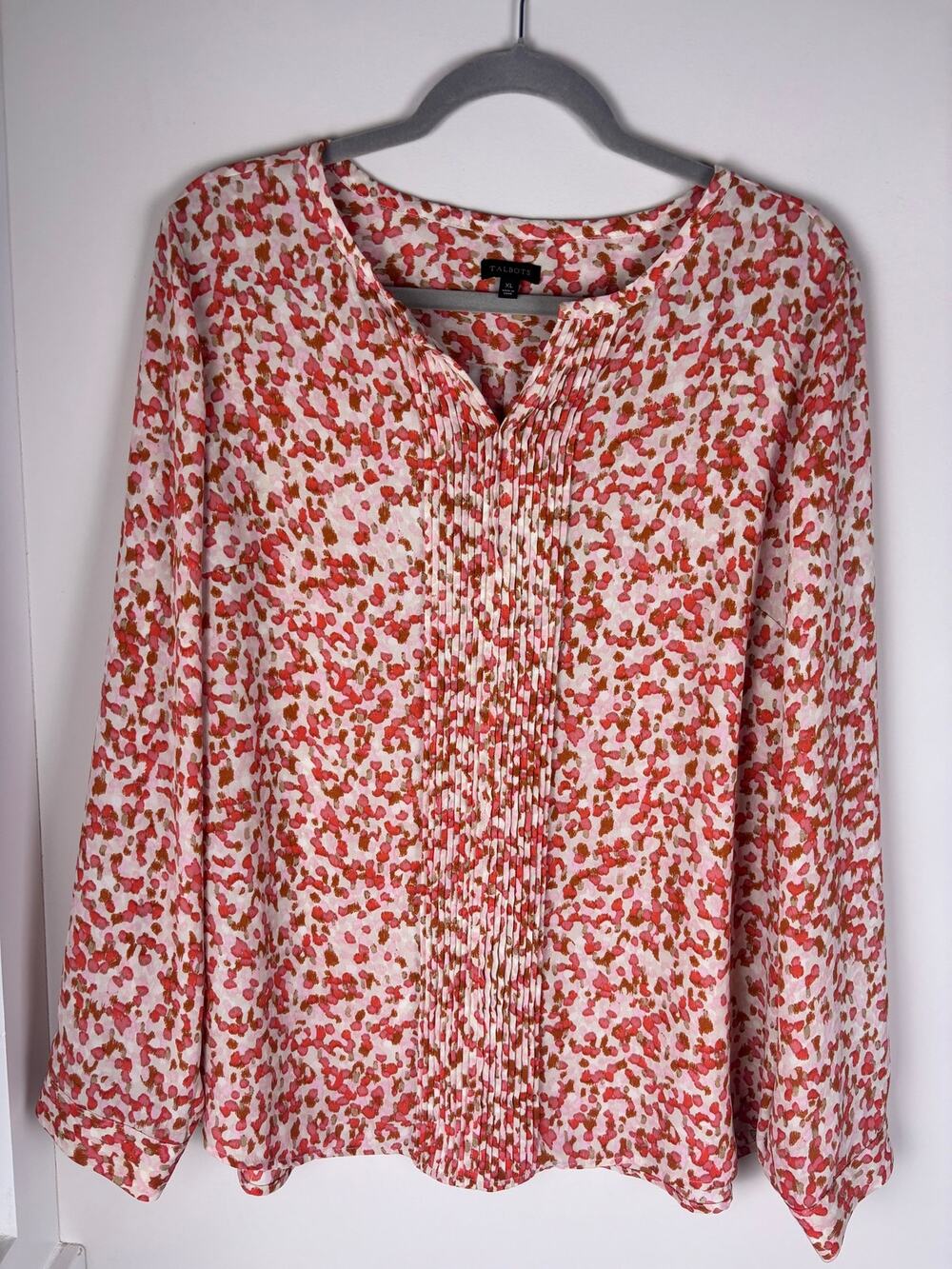 Talbots Women’s XL Blouse Pink Coral Floral Print Pintuck Long Sleeve Tunic Top